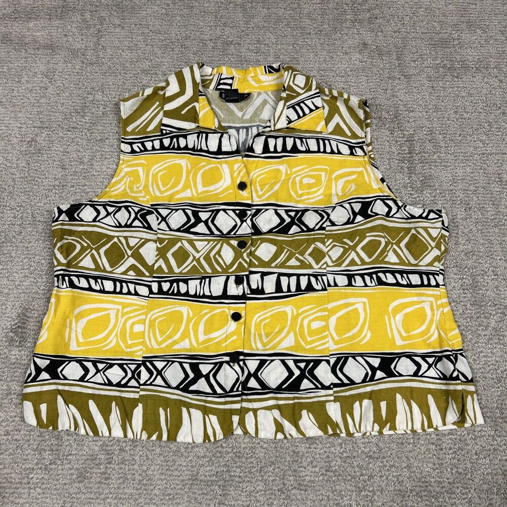 Carole Little Shirt Womens 3X Tank Top Yellow Black White Sleeveless 100% Linen